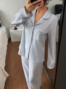 Women's Striped Heart Patchwork Collar Top & Pants Pajama Set Striped Pajama Set Striped Lounge Set Pajamas Set Two Piece Lounge Wear Set Light Blue Pj Set, Winter Clothes - Baby Blue - View 6