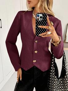 Siren Gaze Women's Elegant Metal Single-Breasted Long Sleeve Blazer, Autumn Winter Christmas Red New Year Burgundy Valentine's Day - Burgundy - View 3