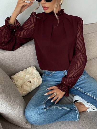 Serisse Women's Ruffle Collar Long Sleeve Pleated Elegant Blouse Winter Christmas Red ,Red Top,Christmas Burgundy,Red Tops For Women Spring Valentine's Day