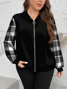 SHEIN Essnce Chaqueta de béisbol con cremallera, estilo universitario casual, de talla grande, con estampado de cuadros de retazos, adecuada para otoño/invierno - Multicolor - Ver 6