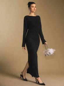 Poéselle Women's Elegant Rhinestone Batwing Sleeve Split Hem Fitted Dress, Spring/Autumn Luxury Dress For Women Black Sparkle Dress Elegant Midi Dress Long Sleeve Elegant Dress Black Glitter Dress - Black - View 6