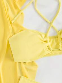 Vaytide 3pcs/Set New Yellow Halter Backless Top,Triangle Bottoms,Ruffle Trim Mesh Beach Pants, Casual Summer Holiday Vacation Bikini Swimwear Set Women - Yellow - View 8