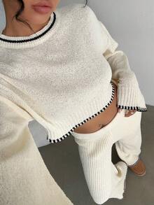 Aloruh Conjunto de dos piezas de suéter de color albaricoque con bordes negros - Top de suéter + Pantalones de suéter, cómodo y casual para usar en casa - Albaricoque - Ver 1