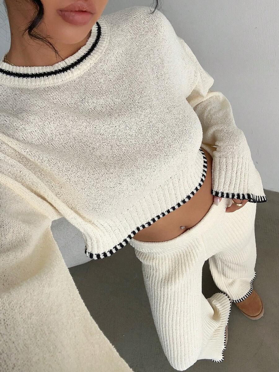 Aloruh Conjunto de dos piezas de suéter de color albaricoque con bordes negros - Top de suéter + Pantalones de suéter, cómodo y casual para usar en casa - Albaricoque - Ver 1