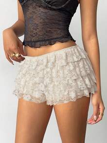 Aloruh 女士性感朋克摇滚波西米亚风Y2K杏色蕾丝荷叶边超短裤，新款蕾丝超低腰短裤 - 杏色 - 查看 5