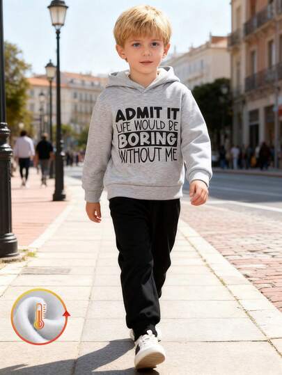 Young Boy Autumn/Winter Thermal Lined Hooded 2-Piece Set, Including Hooded Long Sleeve Sweatshirt With Graphic Print And Casual Thermal Lined Jogger Pants, Suitable For Various Occasions