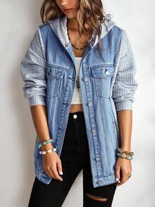 EMERY ROSE Women's Casual Button-Up Denim Hooded Jacket, For Daily Wear - Blue - View 1