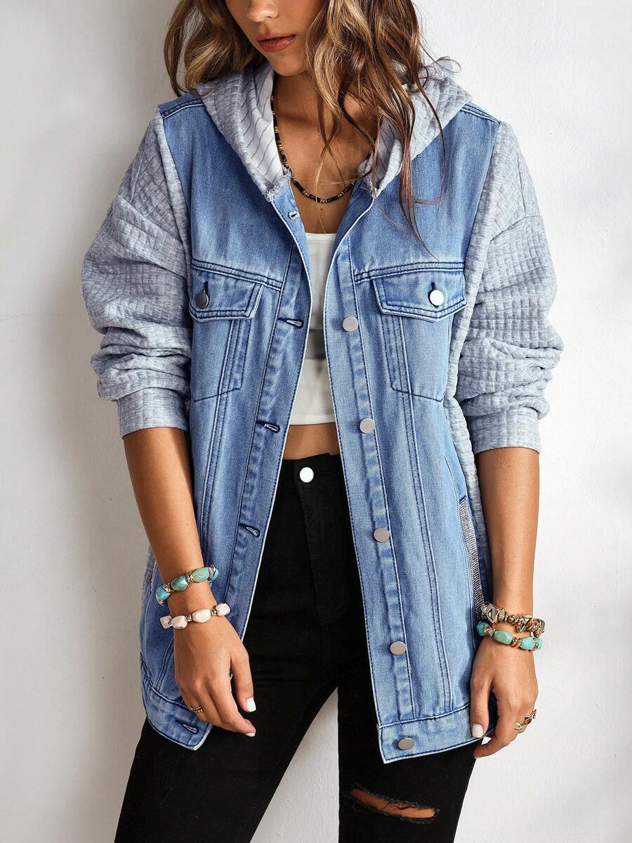 EMERY ROSE Women's Casual Button-Up Denim Hooded Jacket, For Daily Wear - Blue - View 1