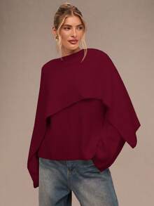 SHEIN BAE Women's Elegant Burgundy Solid Color Loose Knit Casual Pullover Sweater,Autumn Christmas Sweater,Red Top,Fall Winter Clothes For Dining - Burgundy - View 7