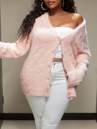 Truni Sometimesglam Cardigan tricoté rose grande taille, pull tricoté style long manches longues pour l'automne/hiver, pour la morphologie en forme de poire