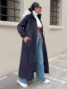 EURMUSE 女士黑色大衣，配毛皮和泰迪熊衬里 - 藏蓝色 - 查看 6