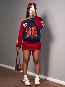 Slaydiva Nuevo conjunto de dos piezas de ropa de otoño e invierno con suéter de hombros caídos y falda corta, estilo deportivo casual y de calle para mujer - Multicolor - Ver 7