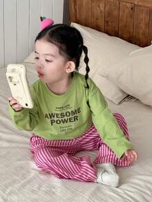 DAZY 2 件套女婴圆领字母印花长袖 T 恤和宽松休闲裤家居服套装 - 彩色 - 查看 1