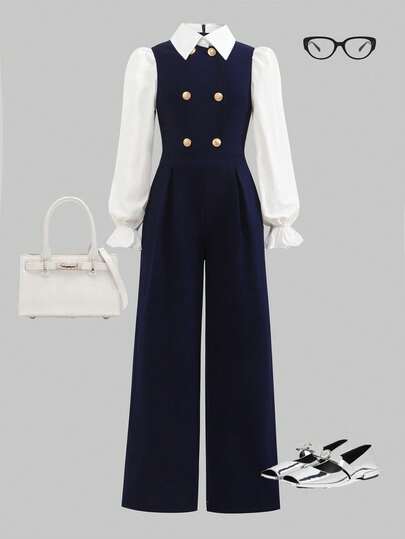 SHEIN 少女休闲简约舒适拼接学院风假日撞色翻领腰部连体裤阔腿