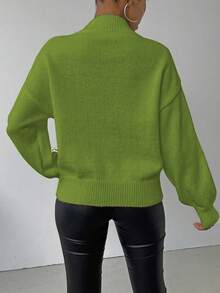 SHEIN LUNE 女式纹理落肩长袖休闲宽松针织毛衣，秋冬 - 綠色 - 查看 2