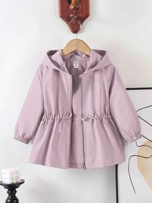 SHEIN Elladie kids 1 件年轻女孩纯色休闲连帽夹克，腰部设计，适合秋冬季穿着，适用于学校、户外活动、家庭聚会，提供温暖和舒适。 - 淡紫色 - 查看 3