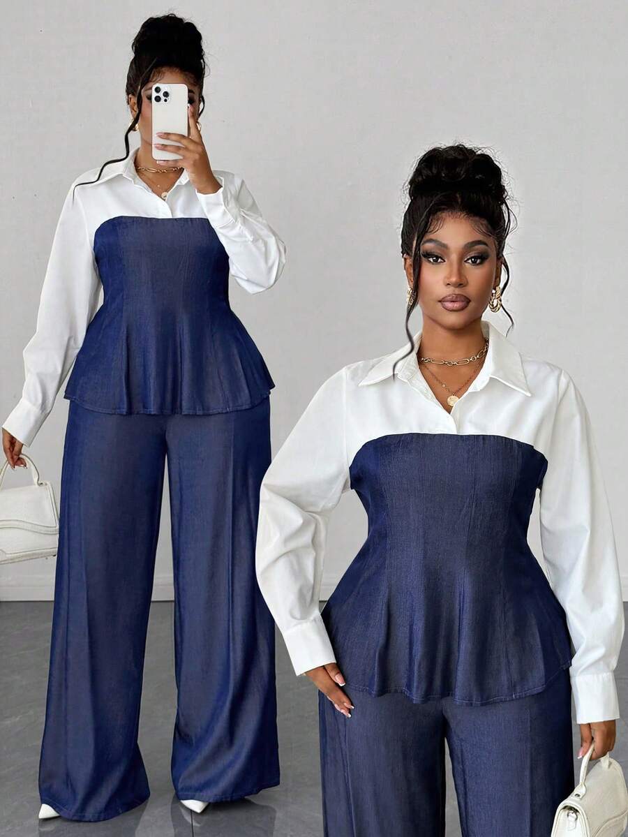 Maweii Plus Size Women's Color Block Faux Denim Collared Ruffle Hem Long Sleeve Shirt + Casual Loose Pants 2 Piece Set, Elegant Outfit For Outdoor And Work, Autumn