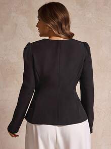 Elegantrix Áo sơ mi nữ cổ tim cài nút kim loại thời trang cỡ lớn, thu/đông - màu đen - Xem 2