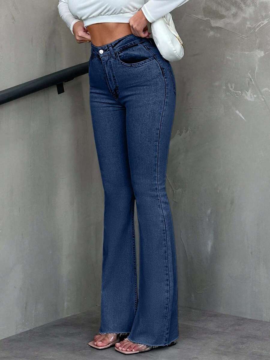 SHEIN Tall Casual Washed High Waist Slim Fit Flare Jeans - Medium Wash - View 1