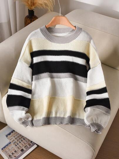 CosyJoli Suéter básico de cuello redondo de corte holgado con bloques de color a rayas, elegante y casual, talla grande
