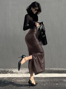 DAZY Women's PU Bodycon Slit Skirt Winter Women Skirts Leather Skirts - Brown - View 4