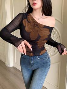 Modelyn 女式纯色网眼撞色印花不对称褶饰简约性感 T 恤 - 橘色 - 查看 6