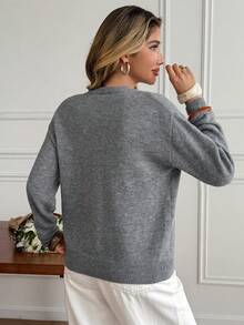 DAZY 休闲拼色亨利领套头衫，柔软针织二合一女式毛衣 - 深灰色 - 查看 2