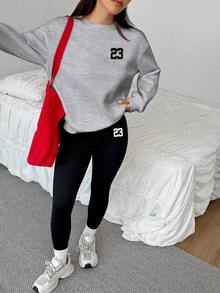 SHEIN EZwear 2 件套休闲宽松圆领运动衫和紧身打底裤，23 号，街头服饰，复古，返校，复古，秋季女士休闲装，秋冬，校服，乡村，嘻哈，街头服饰，运动，健身，健身房 - 彩色 - 查看 6