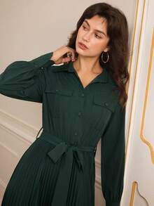 Lilora Elegant Dark Green Women's Long Sleeve Dress For Office&Autumn, Collared Cinched Waist Bow Pleated Pocket Accordion Flap Button Retro Formal Party Dress - Dark Green - View 7