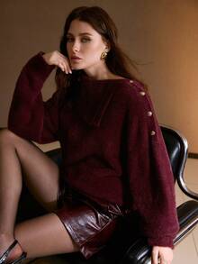 MOTF PREMIUM OVERSIZED BUTTON DECOR FLUFFY KNIT SWEATER TOP, AUTUMN/WINTER - Bold Plum - View 1