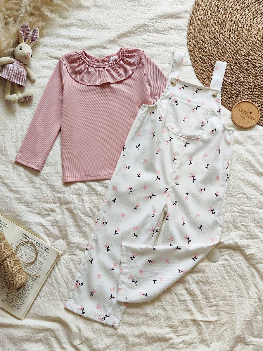 Vintaside Kids Young Girl Casual Solid Color Ruffle Trim Long Sleeve Top And Ditsy Floral Suspender Pants Set, Autumn - Pink - View 1