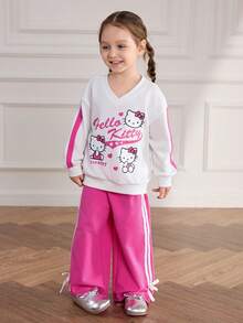 HELLO KITTY AND FRIENDS | SHEIN 2pcs/Set Young Girl Cute Kitty Cat Heart Letter Graphic V-Neck Colorblock Long Sleeve Sweatshirt & Wide Leg Knit Casual Tracksuit