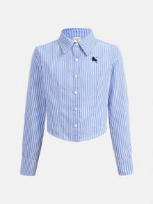 Firerie Kids Firerie Kids Tween Girls' Casual Striped Collared Button-Up Long Sleeve Equestrian Embroidered Shirt, Suitable For Autumn/Winter