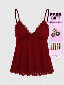 ROMWE Fairycore 优雅纯色蕾丝花边吊带背心，夏季 - 酒紅色 - 查看 5