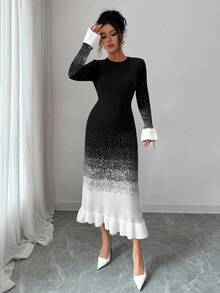 Elenzga Robe pull mi-longue en tricot pour femme, nouvelle collection automne/hiver, col rond, motif ombré, ourlet et poignets à volants, élégante, à la mode, décontractée, ajustée - Noir - Voir 7
