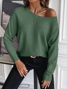 SHEIN LUNE 女士休闲百搭纯色蝙蝠袖毛衣 - 綠色 - 查看 3