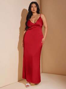 SHEIN BAE 大码纯色修身优雅露背吊带背心连衣裙 - 紅色 - 查看 2