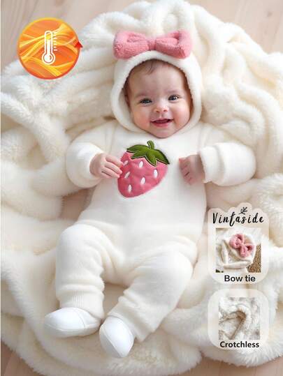 Vintaside Kids 女婴休闲可爱草莓刺绣蓬松面料蝴蝶结连帽长袖连体衣，适合日常穿着，室内外，秋冬季