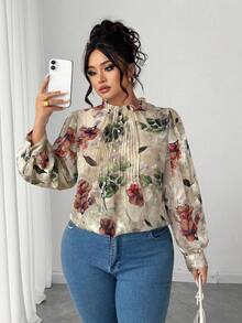 Elenzga 大码女式复古花卉印花纹理面料长款荷叶边雪纺衬衫，优雅衬衫，适合返校、毕业典礼、情人节、音乐节、母亲节、万圣节、感恩节、复活节、国庆节、舞会、约会、婚礼、户外活动 - 卡其色 - 查看 3