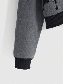 ROMWE Goth Cárdigan de mujer casual con estampado de gato y estrella en jacquard, cuello redondo, hombros caídos y manga larga - Gris Oscuro - Ver 4