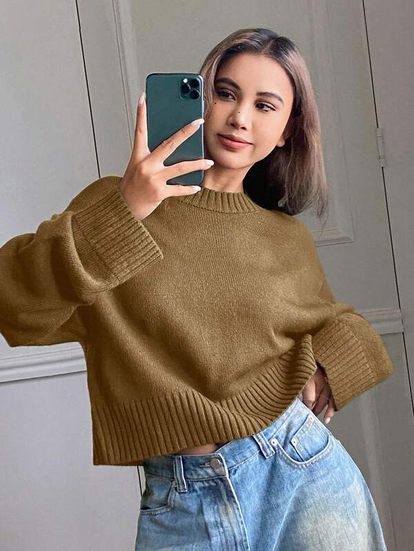 DAZY Suéter suelto de cuello redondo de unicolor, estilo casual de calle para mujer, otoño/invierno