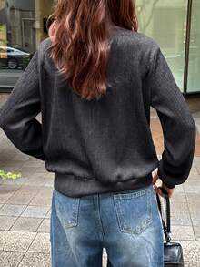 FRIFUL Áo nỉ chui đầu dài tay vải dệt rỗng màu trơn đơn giản dành cho nữ, đa năng cho mùa thu/đông - Xám - Xem 5