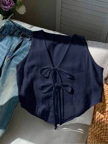 Comfortcana 大码女式纯色前系带宽松休闲背心衬衫 - 藏蓝色 - 查看 3