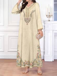 Al Najma Women's Floral & Digital Print V-Neck Long Sleeve Elegant Arabic Style Maxi Dress, Spring/Autumn - Multicolor - View 4