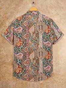 Manfinity BRENVOR 男士花卉圖案短袖鈕扣彩色衣服，假期海灘男友禮物 - 彩色 - 查看 2