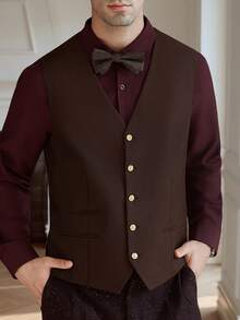 Manfinity Bizformal 男士纯色V领单排扣休闲商务通勤背心 - 棕色 - 查看 4