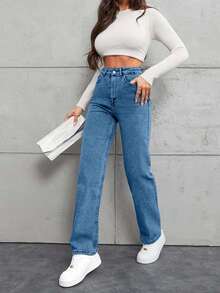 SHEIN Tall 高码100%纯棉斜口袋直筒牛仔裤 - 中等水洗藍 - 查看 5