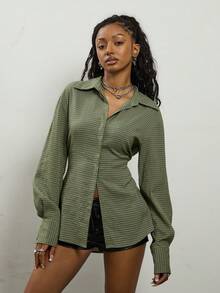 COUREZ Long Sleeve Cinched Shirt In Grid Check /Winter Outfits For Women Winter Tops Y2K Green Tops Winter Outfits Elegant Streetwear Cute Tops