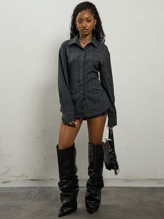 COUREZ Long Sleeve Cinched Shirt In Grid Check /Summer Outfits For Women Summer Tops Y3K Y2K Vintage