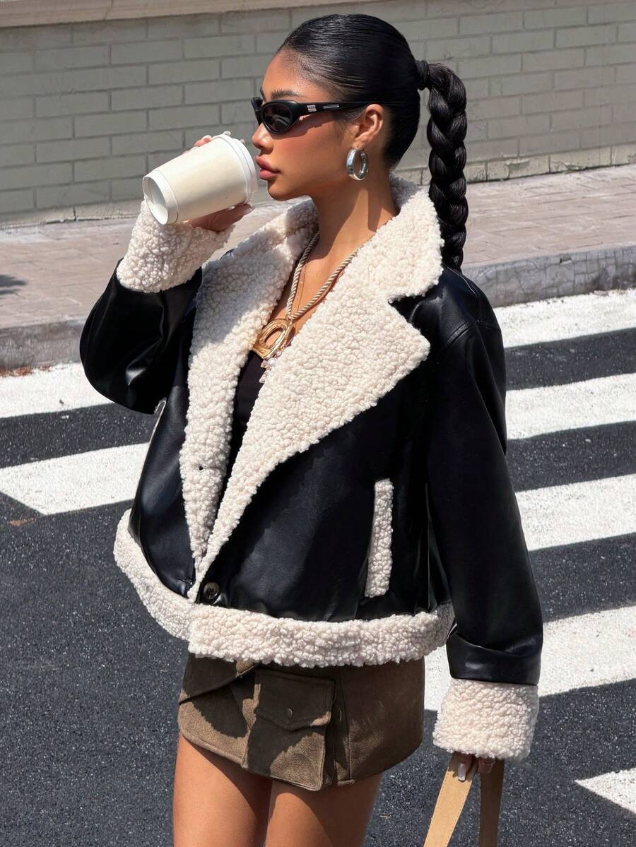 Muchica 女式泰迪熊衬里拉链大领机车夹克（秋冬款） - 黑色 - 查看 1